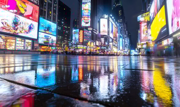 Rainy night, Times Square, NYC, vibrant reflections, city life photo