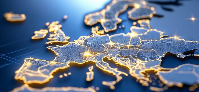 Illuminated Europe map, global connections, news background photo