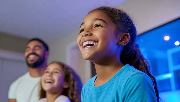 Happy family watching TV at home, enjoying movie night photo