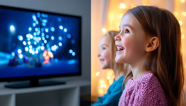 Girls watching Christmas movie, festive lights photo