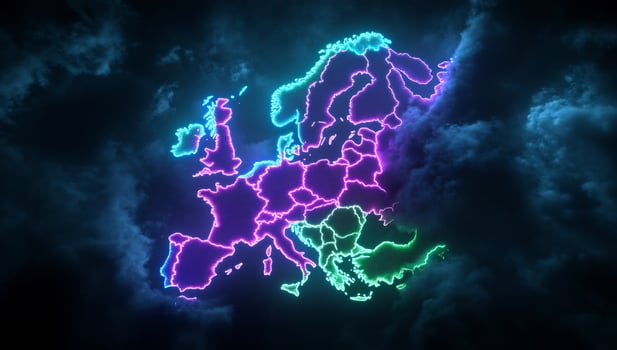 Neon Europe map, stormy sky background, energy concept, stock photo