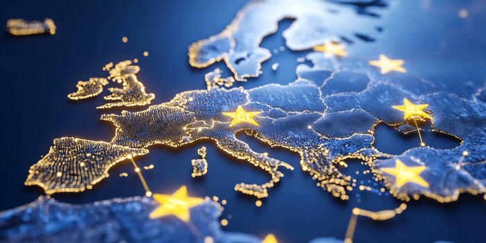 Europe map, glowing stars, network, global connections photo
