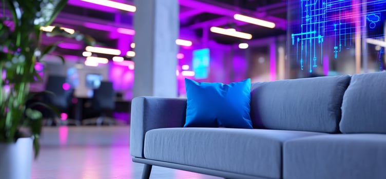 Modern office lounge, purple lighting, tech background photo