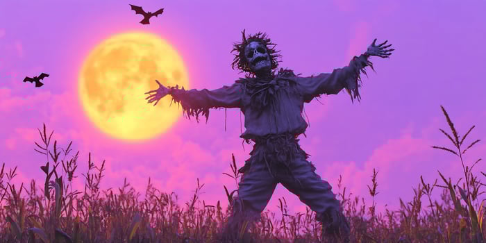 Halloween scarecrow field moon bats night photo