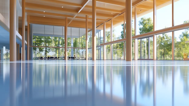 Modern building interior, pool, wood beams, trees, sunlight photo