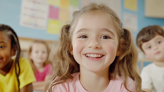 Happy girl preschool classroom learning photo