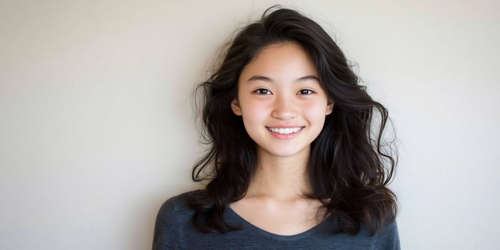 Smiling Asian woman, indoor portrait, neutral background, headshot photo
