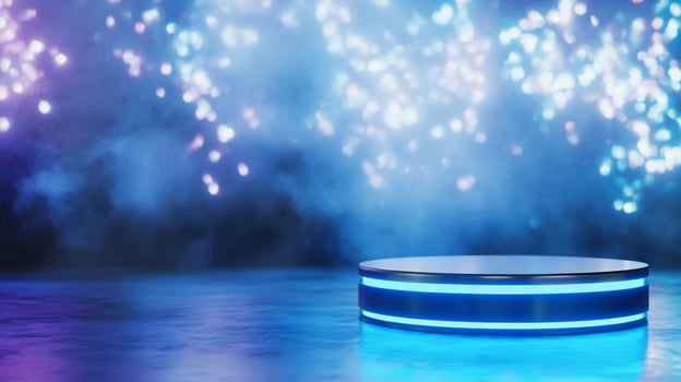 Futuristic blue neon stage, bokeh background, product display photo