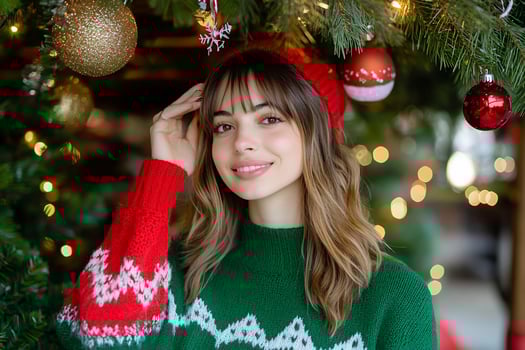 Woman smiles near Christmas tree photo
