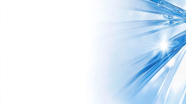 Blue abstract light rays, bright sun, white background, website banner photo
