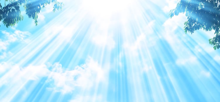 Sunbeams through leaves, blue sky, clouds. Peaceful nature scene photo