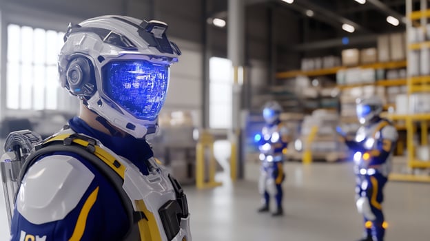 Futuristic worker in warehouse, colleagues in background, technology photo