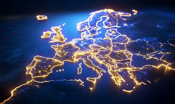 Illuminated Europe map, night lights, global connectivity, travel photo
