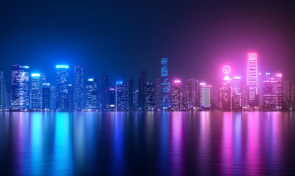 Neon city skyline night reflection, urban scene, website banner photo