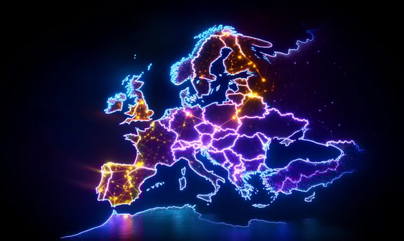Neon Europe map, glowing cities, dark background, travel concept photo