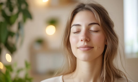 Woman meditating, home, calm, plants, bokeh photo