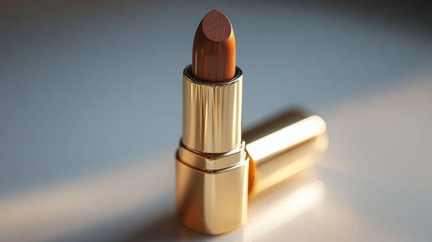 Elegant golden lipstick isolated on soft background for beauty product promotions photo