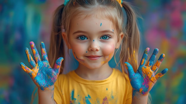 Child with paint covered hands joyful expression of creative activity photo