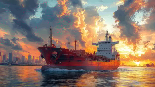 Cargo vessel at sea during dramatic sunset maritime transportation photo