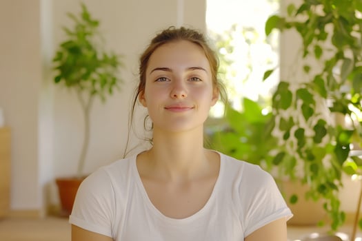 Woman smiling indoors, plants background, wellbeing photo