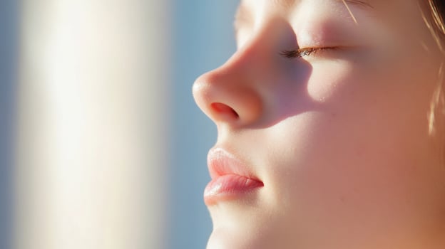 Girl, sunlit profile, window, calm, peaceful, relaxation, wellbeing photo