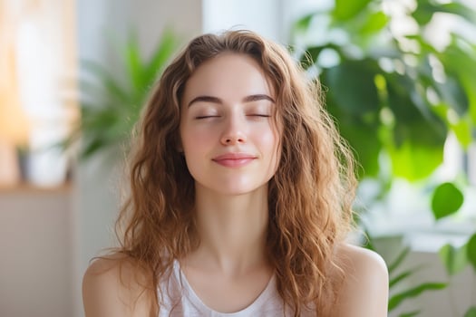 Woman meditating, eyes closed, peaceful, home, plants photo