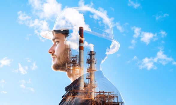 Engineer, refinery, pollution, sky, double exposure, industry, environmental impact, stock photo