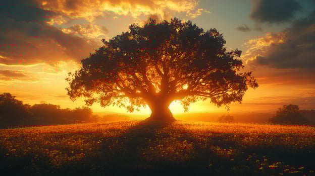 Solitary tree silhouette against vivid sunset sky landscape photo