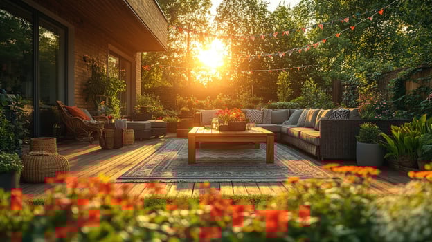 Cozy outdoor patio with garden at sunset relaxing home space photo