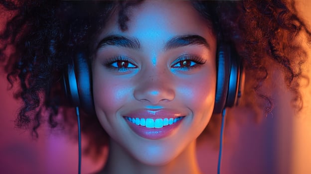 Woman enjoying music with headphones in studio lighting photo