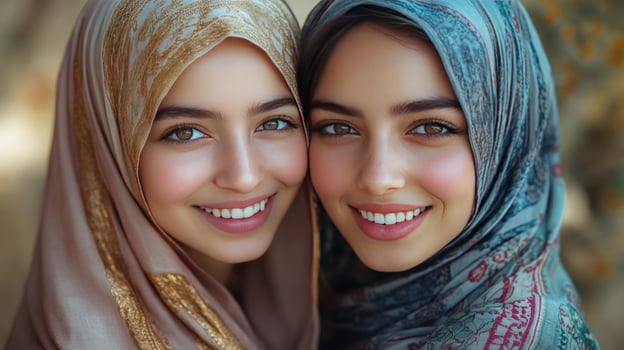 Two smiling women wearing traditional headscarves studio portrait photo