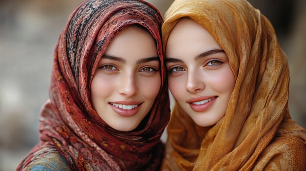 Two women portrait wearing headscarves close up photo