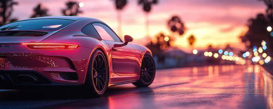 Red sports car at sunset on road transportation vehicle photo