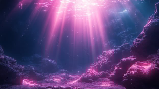 Ethereal underwater scene with light beams and rock formations photo