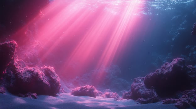 Underwater rocks pink light beams submerged natural scene photo