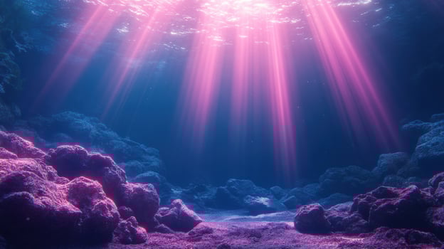 Underwater world with vibrant light rays and coral rock formations photo