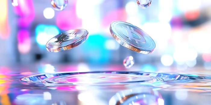 Crypto coins falling into water, bokeh background, financial tech photo