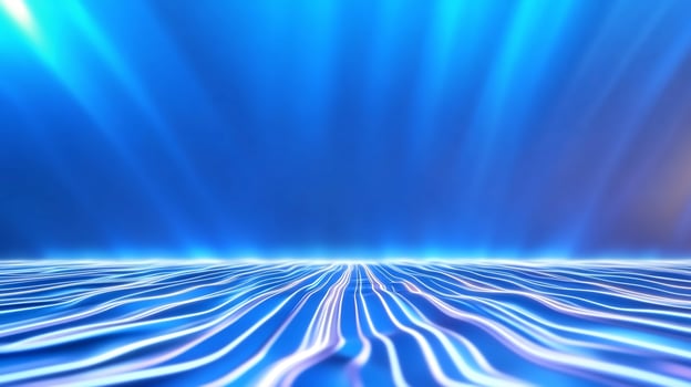 Abstract blue light rays on horizon. Digital future background photo