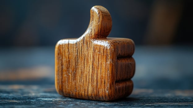 Wooden thumbs up hand symbol for approval and agreement photo