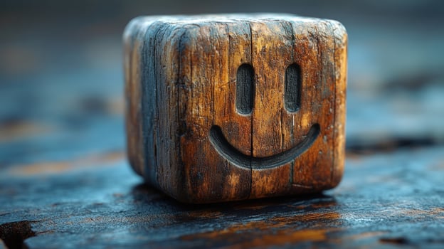 Wooden cube with smiling face carving on textured surface photo
