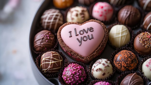 Assorted chocolates box with heart shaped chocolate sweet for valentine celebration photo