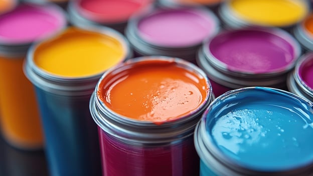 Vibrant paint container assortment displaying rich color pigments for artistic creation and design photo