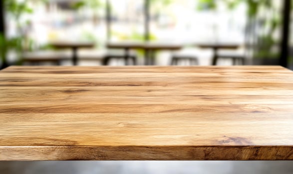 Empty wooden table, cafe background, product display photo