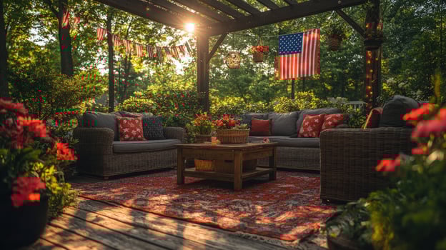 Outdoor living space with garden furniture and decorative arrangement on a wooden deck photo