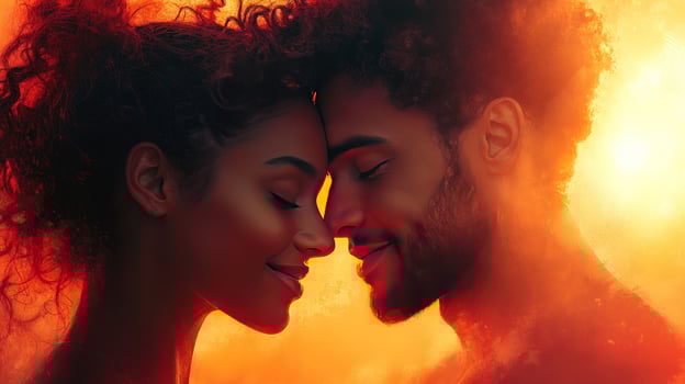 Intimate embrace of loving couple in warm light portrait photo