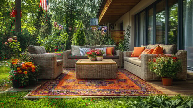 Outdoor patio with woven furniture and floral accents for relaxation photo