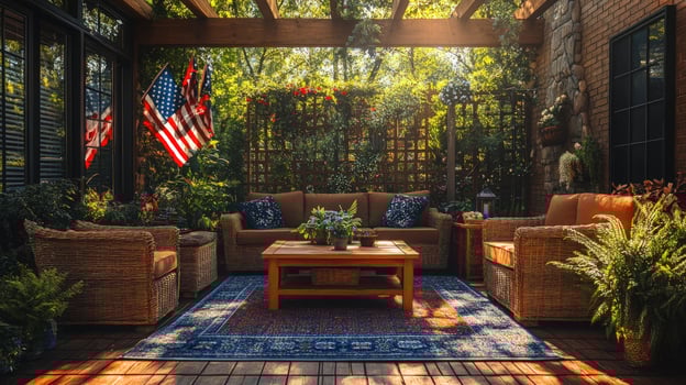 Inviting outdoor living space with rattan furniture and lush greenery photo