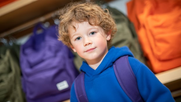 A young boy with curly hair wears a blue hoodie and purple backpack. Behind him are various colored backpacks, including purple, green, and orange. photo