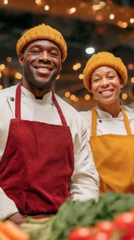 Two chefs, one in a red apron and the other in yellow, stand in a kitchen filled with fresh vegetables. Warm lighting creates a cozy . photo