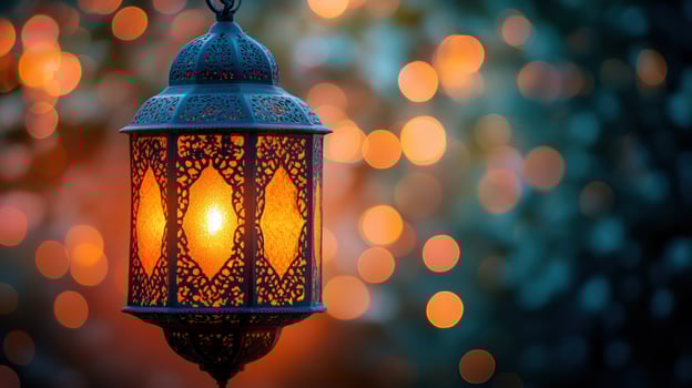 Illuminated ornate lantern with bokeh lights background photo